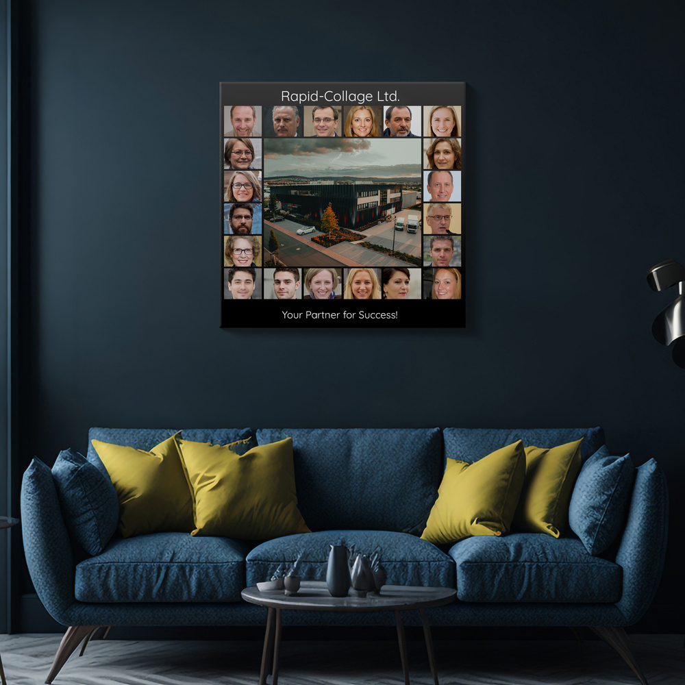 Acrylic team photo collage with a company building at the center and employee portraits around it, above a blue sofa