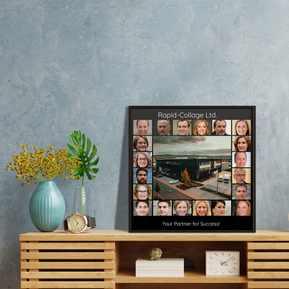 Black-framed employee photo collage with a central office building on a wood console, a company anniversary gift