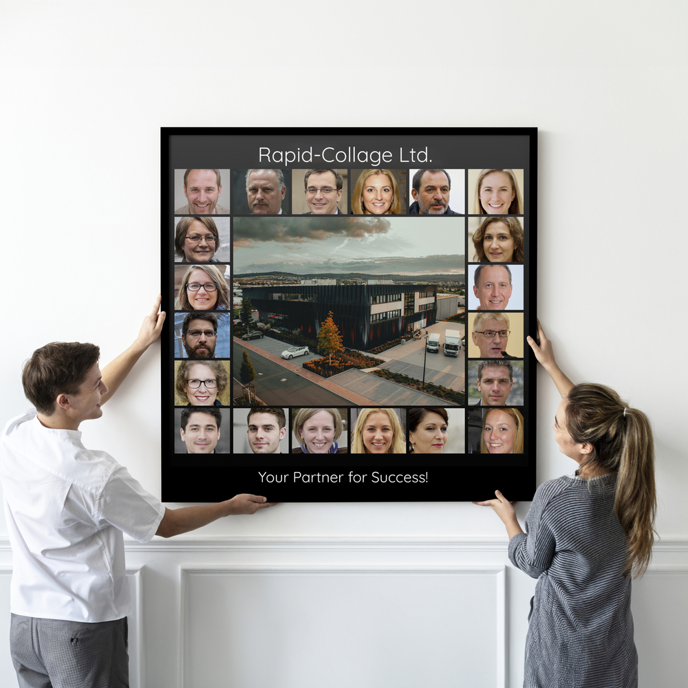 Black-framed team photo collage with a company building at the center on a white wall, a gift for coworkers