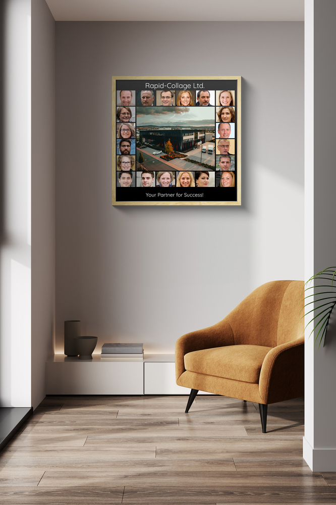Team photo collage with employee portraits around a company building, framed in light wood beside a mustard armchair