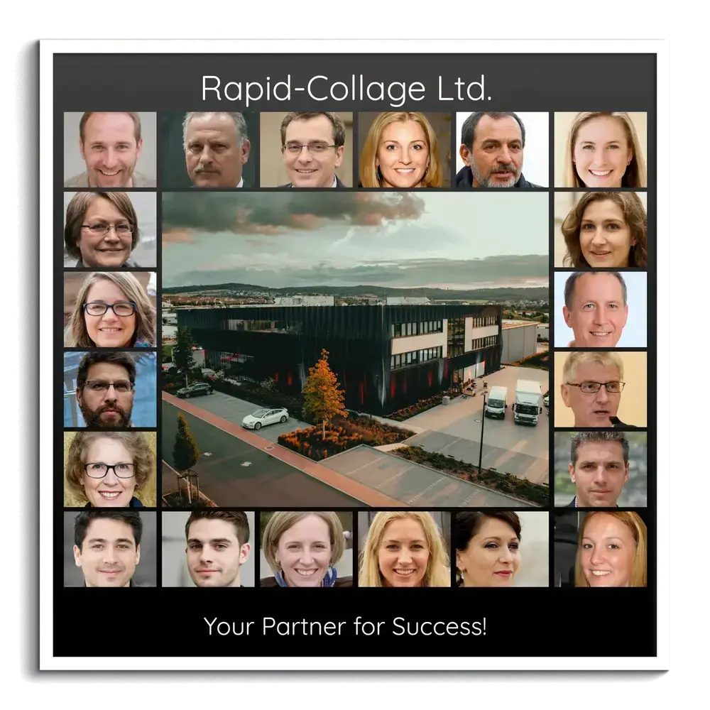 White-framed photo collage with a company building surrounded by employee portraits, a personalized gift for coworkers