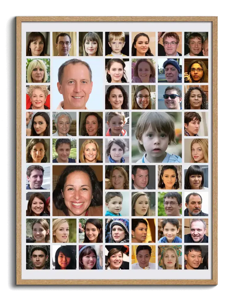 Photo collage in a natural wood frame with square portraits and larger highlights, a personalized gift for coworkers