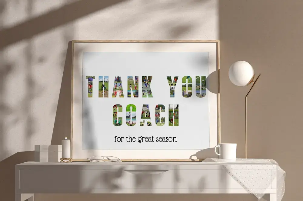 Coach thank-you photo collage with soccer photos filling the letters and a dedication, framed on a sideboard