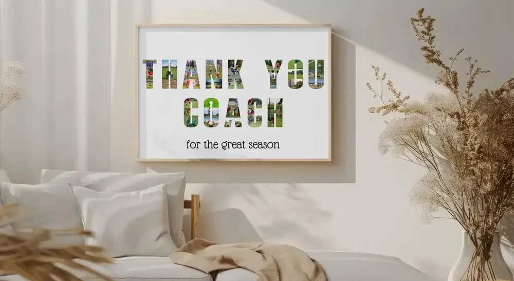 Coach thank-you photo collage with soccer photos filling letters, in a light wood frame above a sofa