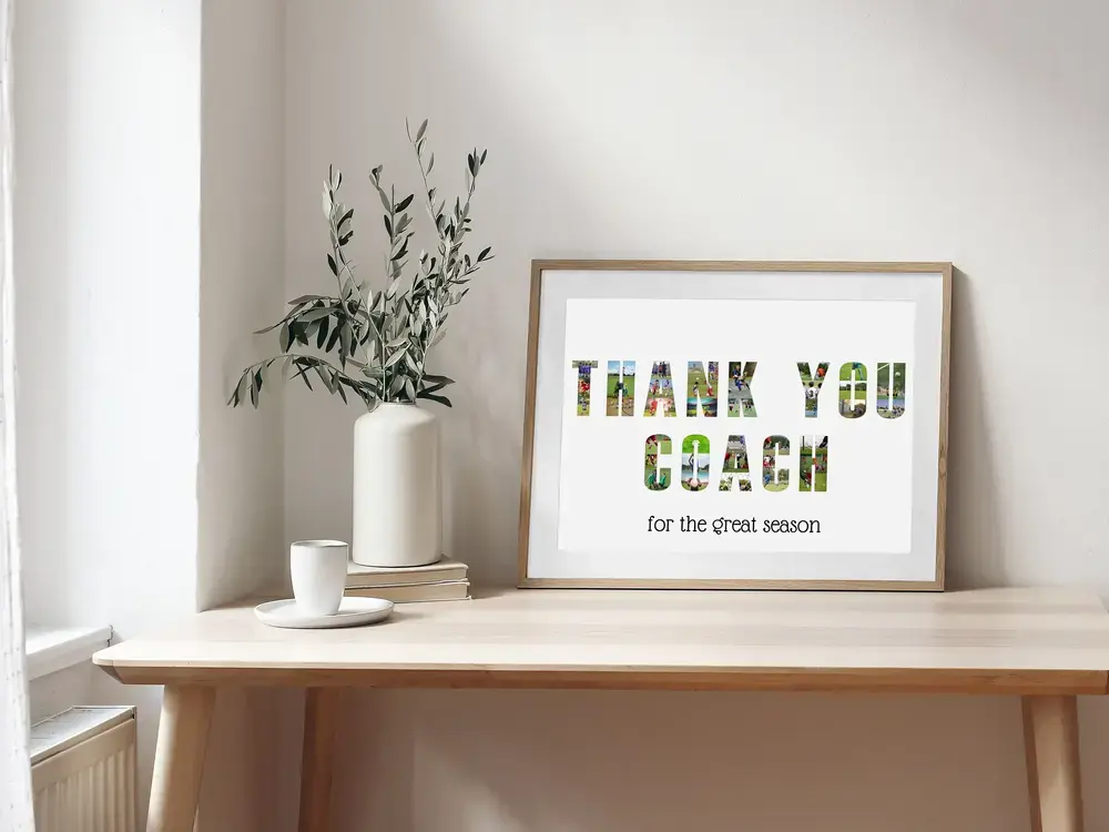 Personalized coach gift with soccer photos arranged in letters and a dedication, framed on a wooden desk