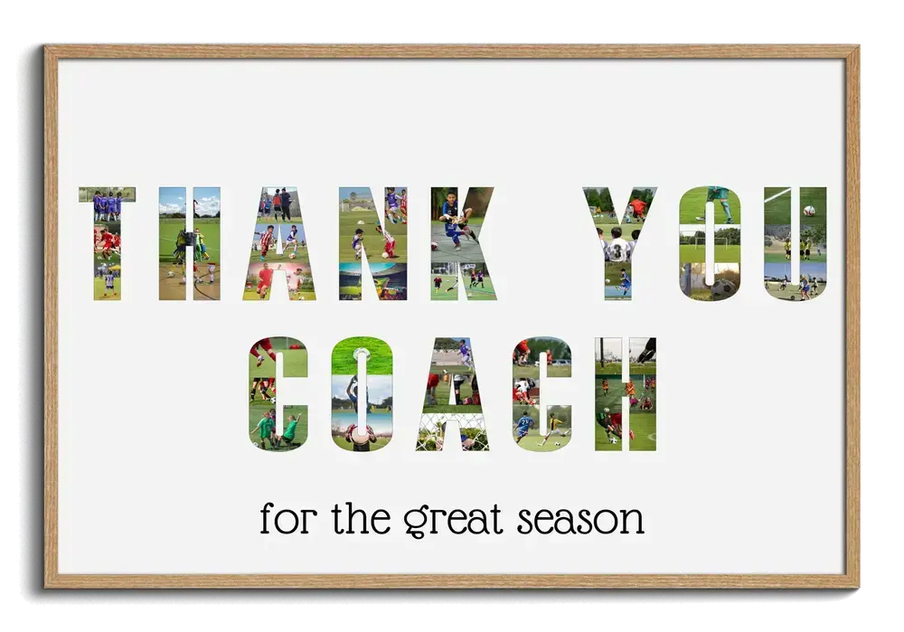 Coach appreciation photo collage with soccer photos filling large letters and a dedication, in a natural wood frame