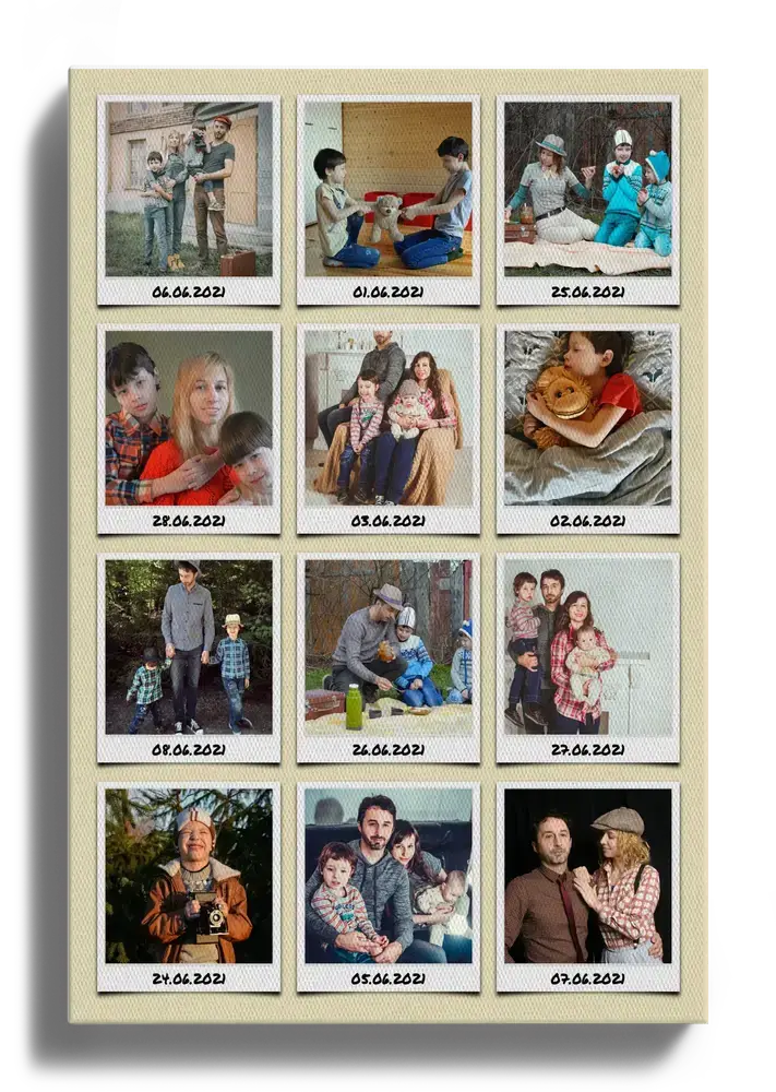 Canvas travel photo collage with 12 instant-style vacation snapshots and dates on a beige background