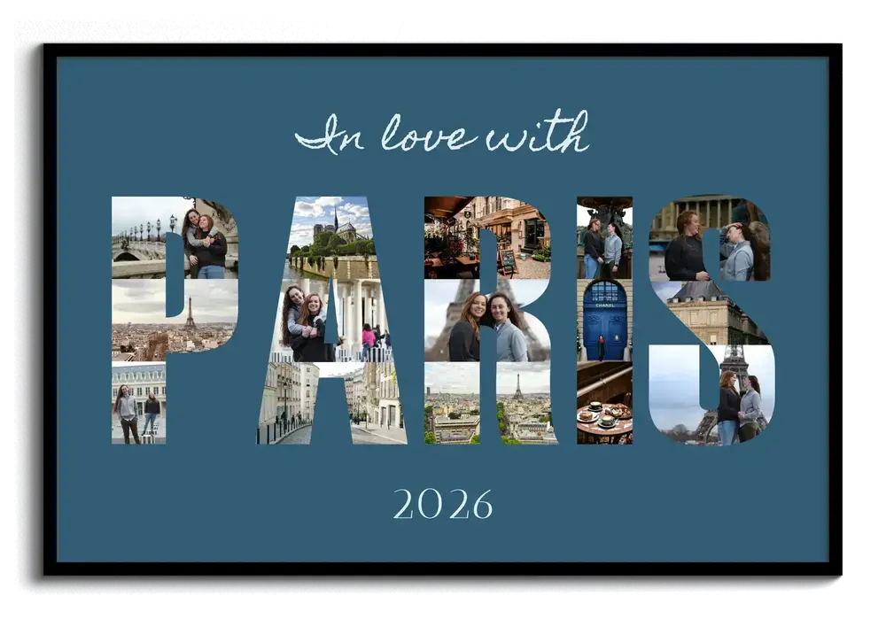 Vacation photo collage spelling a city name on a teal background, with script text and a year, in a black frame