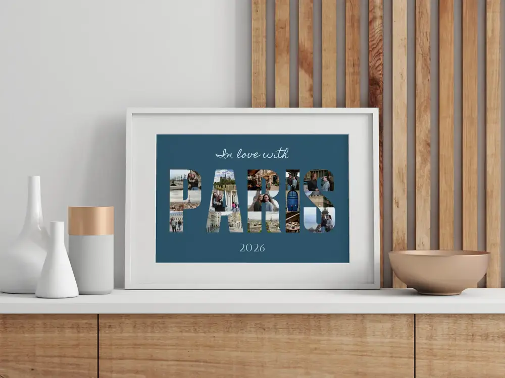 Vacation photo letter collage in a white frame on a sideboard, a personalized anniversary gift for a partner