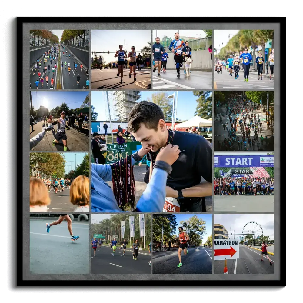 Marathon photo collage in a black frame, with a grid of race highlights around a large medal moment