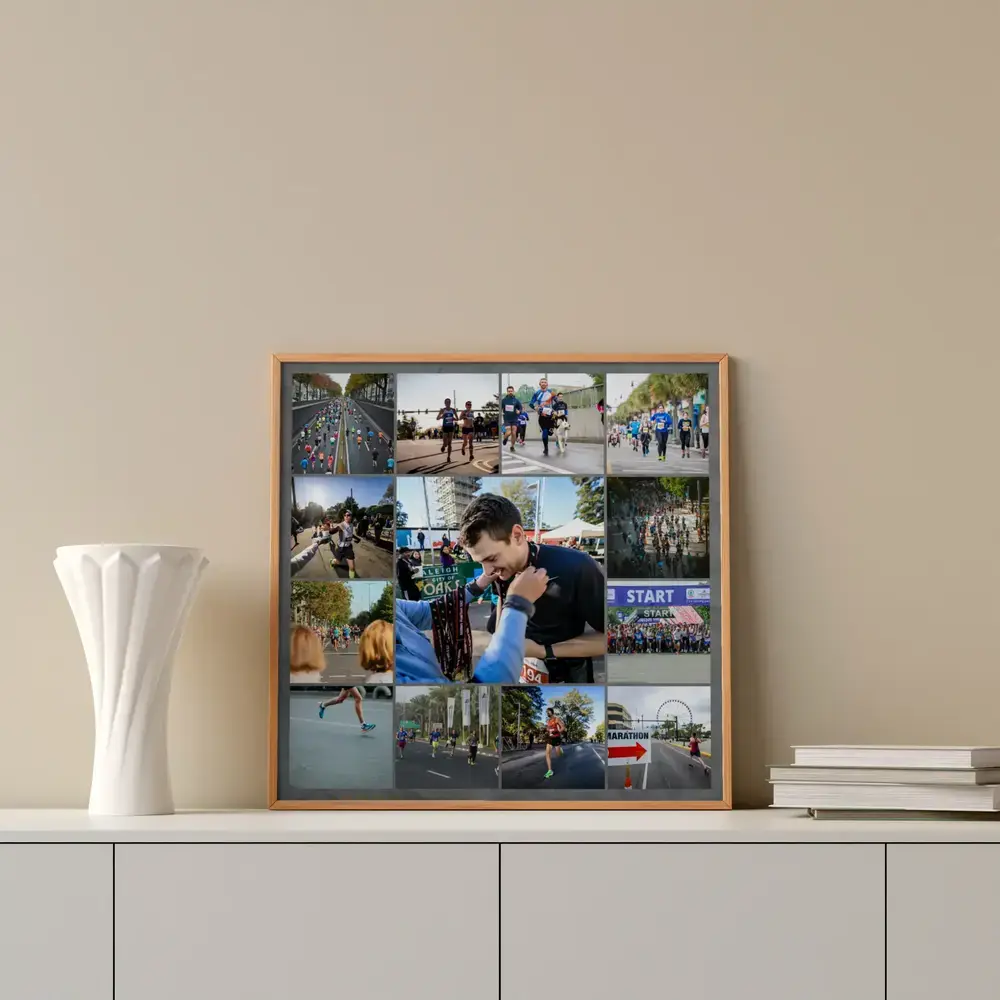 Marathon photo collage in a wood frame on a white sideboard, a personal gift for a marathon runner