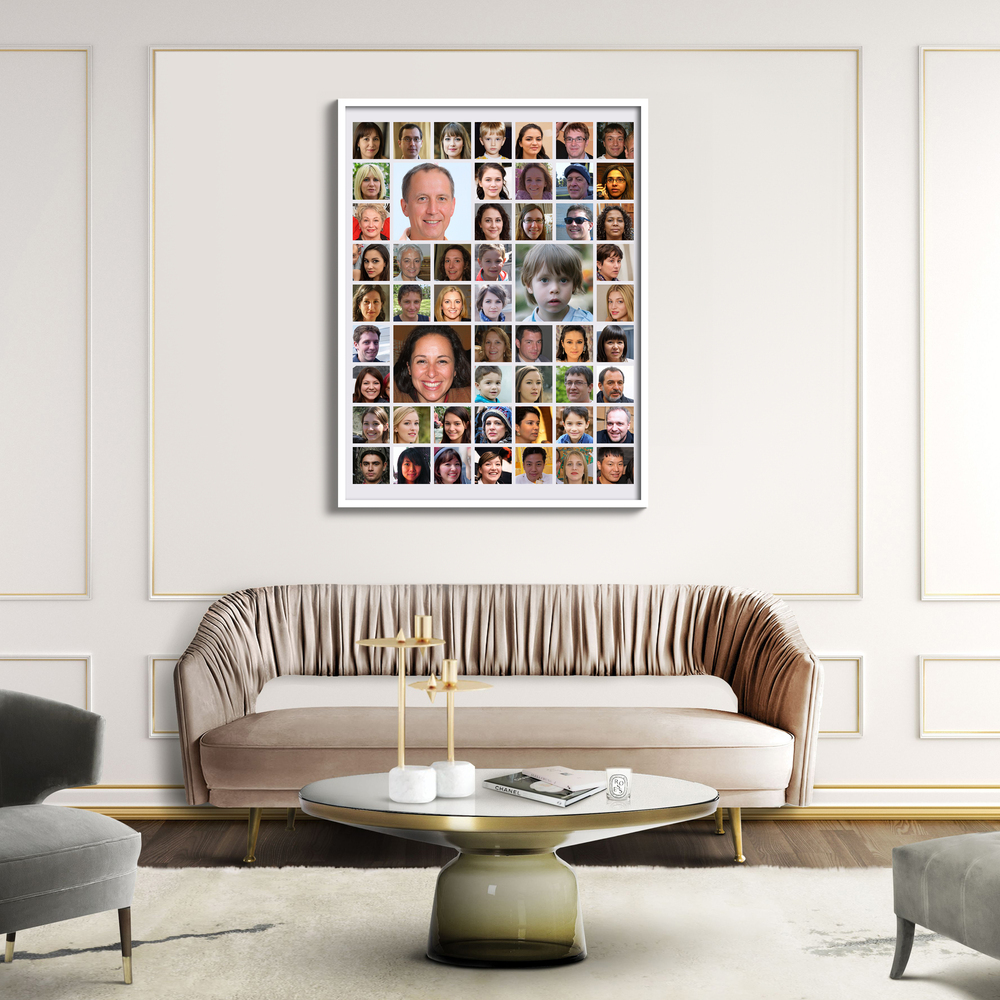 White-framed grid photo collage with many portraits and larger highlights above a beige living room sofa