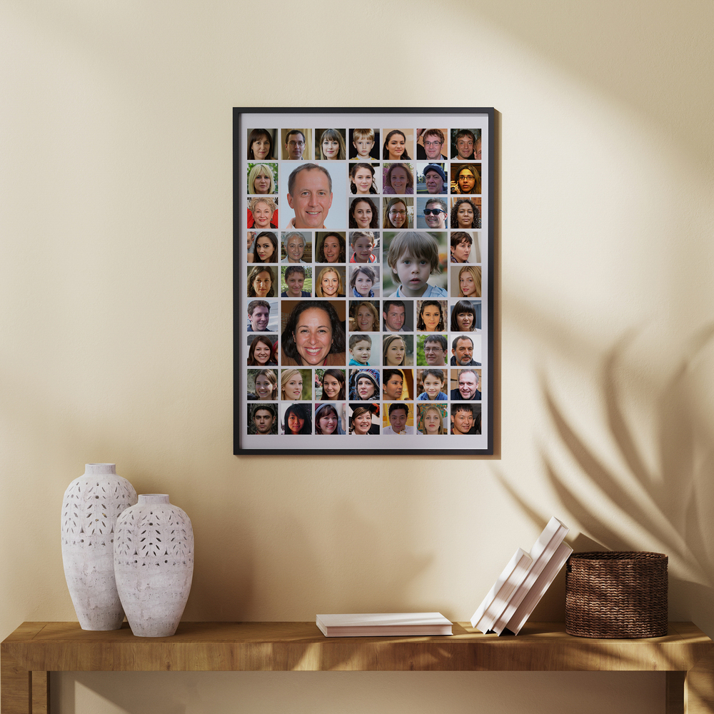 Black-framed portrait collage with mixed-size grid photos on a beige wall above a wooden console with white vases
