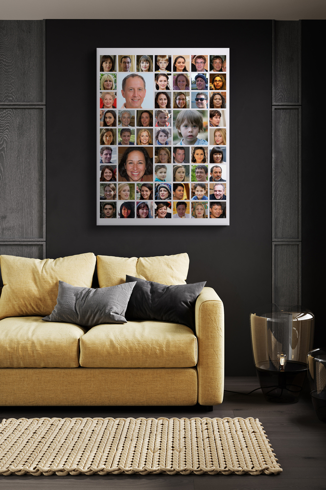 Vertical photo collage with square portraits and larger highlights on a dark wall above a yellow sofa