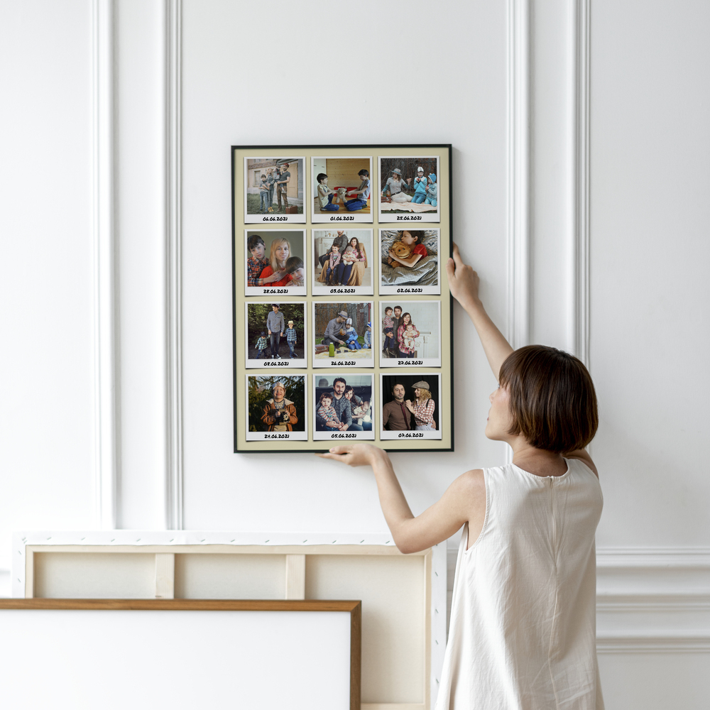 Instant-style vacation photo collage in a dark frame on a white paneled wall, a keepsake gift for travel lovers