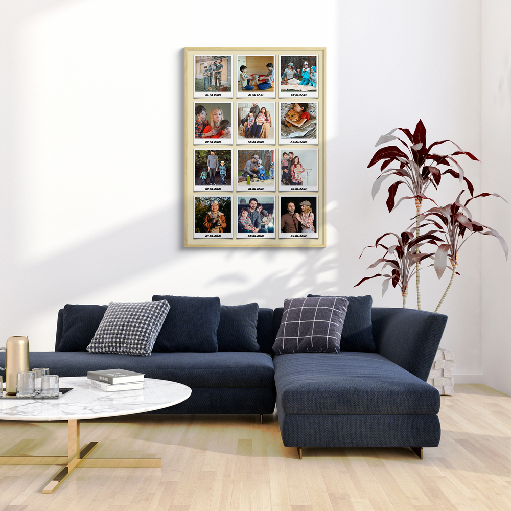 Instant-style vacation photo collage in a light frame above a navy sectional in a bright living room