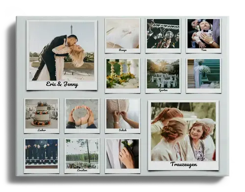 Photo collage creative wedding idea with labeled polaroids