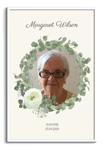 Personalized memorial portrait with a name, eucalyptus wreath and white flowers in a white frame