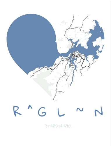 Portrait-format city map poster with a blue and white heart-shaped map and personalized coordinates
