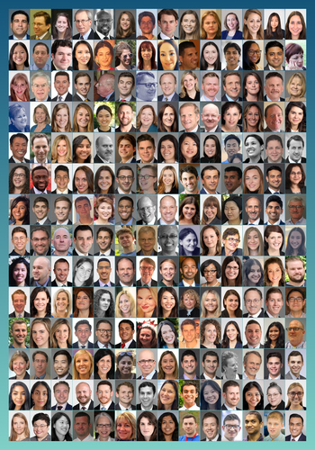 Retirement gift photo collage with portraits in a tight grid and a turquoise border against a red background