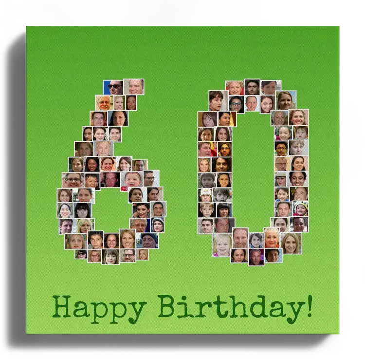 Round birthday photo collage as number 60 with many pictures