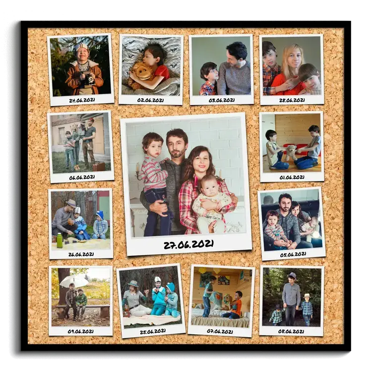 Creative Collage with Captioned Polaroid Photos on Pinboard