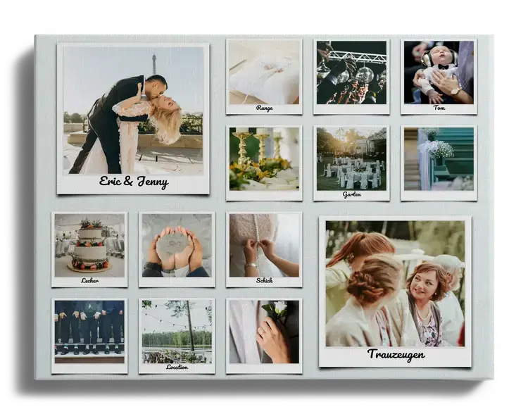Photo collage creative wedding idea with labeled polaroids