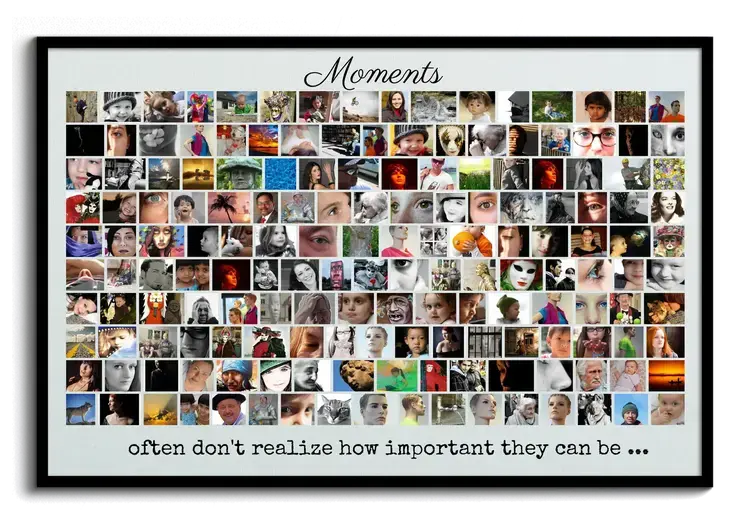 Wall picture as photo collage with many photos with quote and own images