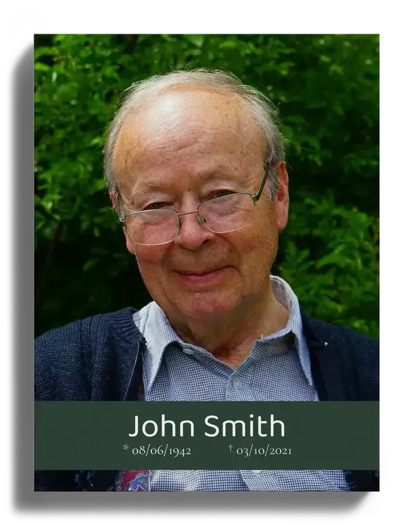Memorial image as portrait with name and dates