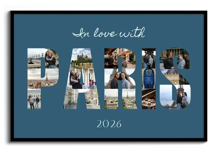 Vacation photos as photo collage on poster or canvas with text